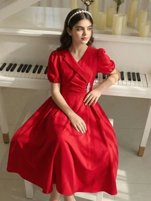 Girls' Red Summer Elegant Formal Lapel Collar Long Puff Sleeve Rhinestone Button Decor Dress - Red - View 6