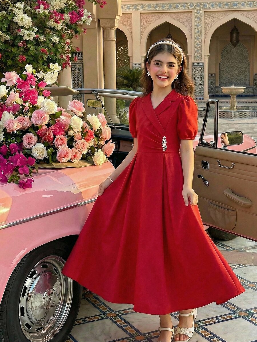 Girls' Red Summer Elegant Formal Lapel Collar Long Puff Sleeve Rhinestone Button Decor Dress - Red - View 1