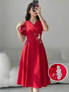 Girls' Red Summer Elegant Formal Lapel Collar Long Puff Sleeve Rhinestone Button Decor Dress - Red - View 4