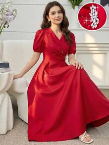 Girls' Red Summer Elegant Formal Lapel Collar Long Puff Sleeve Rhinestone Button Decor Dress - Red - View 3