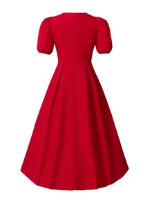 Girls' Red Summer Elegant Formal Lapel Collar Long Puff Sleeve Rhinestone Button Decor Dress - Red - View 2