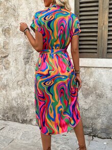 SHEIN Clasi Women's Allover Print V-Neck Short Sleeve Casual Dress - Multicolor - View 2