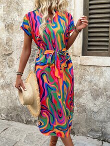SHEIN Clasi Women's Allover Print V-Neck Short Sleeve Casual Dress - Multicolor - View 4