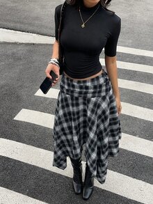 Aloruh 女士春夏新款不对称下摆格子中长裙，复古Y2K街头风 - 黑與白 - 查看 3