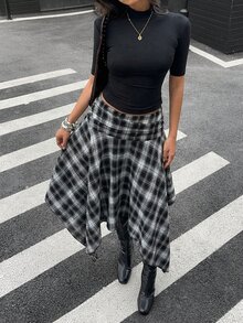 Aloruh 女士春夏新款不对称下摆格子中长裙，复古Y2K街头风 - 黑與白 - 查看 6