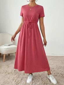 SHEIN Essnce 女士休闲纯色抽绳口袋连衣裙 - 紅色 - 查看 4