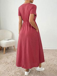 SHEIN Essnce 女士休闲纯色抽绳口袋连衣裙 - 紅色 - 查看 2