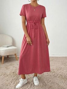 SHEIN Essnce 女士休闲纯色抽绳口袋连衣裙 - 紅色 - 查看 3