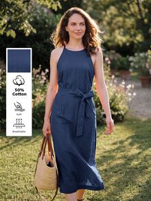 Dayvera Vestido casual de vacaciones para mujer con cuello halter de unicolor - azul real - Ver 1