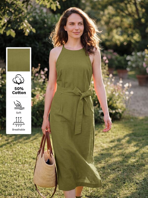 Dayvera Women's  Elegant Casual Halter Neck Green Dress ,Waist Tie Vacation Olive Green Summer Vacation Dress
