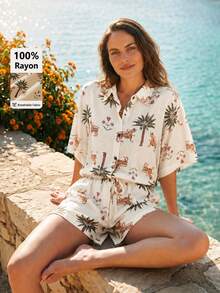 SHEIN Essnce 2 قطعة/مجموعة قميص بأكمام قصيرة وشورت بطبعة أشجار النخيل للنساء للعطلات والشاطئ باللون البيج الصيفي الاستوائي - متعدد الألوان - مشاهدة 9