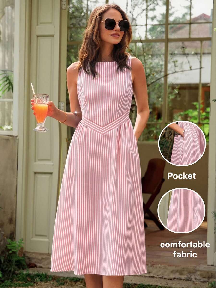 Dayvera Women's Summer Casual Striped Sleeveless Dress - Baby Pink - View 1