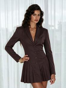 Opulessa Women's Solid Color Long Sleeve Single-Breasted Elegant Mini Dress Thanksgiving Dinner Party Dark Brown Fall - Brown - View 7