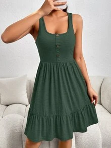 SHEIN Essnce Women's Casual Solid Color Ruffle Hem Sleeveless Dress, Summer,Dresses For Women Summer - Green - View 6