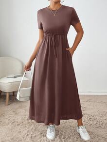 SHEIN Essnce 1 件女士纯色系带连衣裙，简约时尚休闲日常穿着 - 紫紅色 - 查看 6