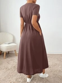 SHEIN Essnce 1 件女士纯色系带连衣裙，简约时尚休闲日常穿着 - 紫紅色 - 查看 2