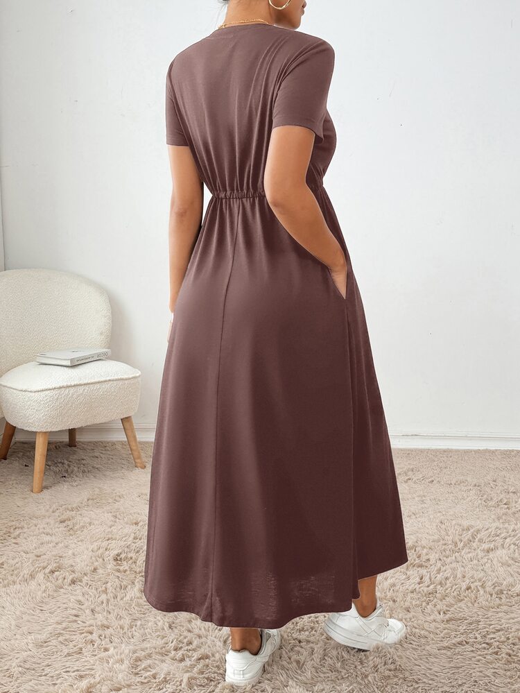 SHEIN Essnce 1pc Women's Solid Color Tie-Up Dress, Simple Fashion Casual Everyday Wear - Maroon - View 2