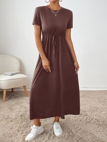 SHEIN Essnce 1 件女士纯色系带连衣裙，简约时尚休闲日常穿着 - 紫紅色 - 查看 4