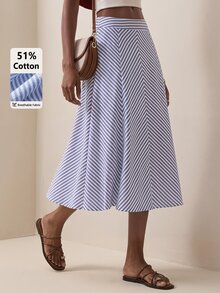 Briarwyn 秋季女款藍白條紋純棉休閒時髦優雅百搭裙，法式通勤度假峇里島假期老錢風辦公室穿搭 - 藍色 - 查看 9