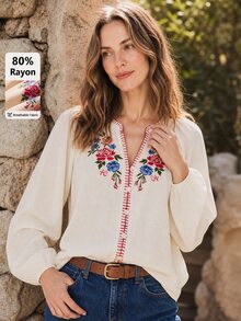 Dayvera 女款夏秋V領度假風花卉刺繡長袖休閒鄉村風波希米亞優雅奶油色早午餐襯衫 - 杏色 - 查看 10