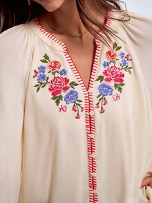 Dayvera 女款夏秋V領度假風花卉刺繡長袖休閒鄉村風波希米亞優雅奶油色早午餐襯衫 - 杏色 - 查看 8