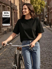 SHEIN Essnce 女款柔軟棉質極簡休閒基本款前短後長時尚T恤，適合外出、搭配、旅行、度假，夏季上衣，黑色 - 黑色 - 查看 11
