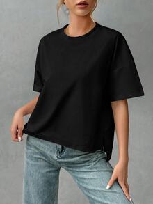SHEIN Essnce 女款柔軟棉質極簡休閒基本款前短後長時尚T恤，適合外出、搭配、旅行、度假，夏季上衣，黑色 - 黑色 - 查看 3