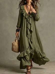 SHEIN Vestido largo holgado para mujer con diseño de volantes delanteros - Verde - Ver 5