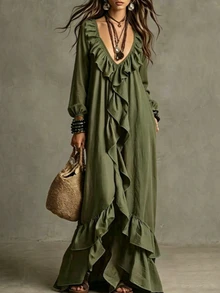 SHEIN Vestido largo holgado para mujer con diseño de volantes delanteros - Verde - Ver 3
