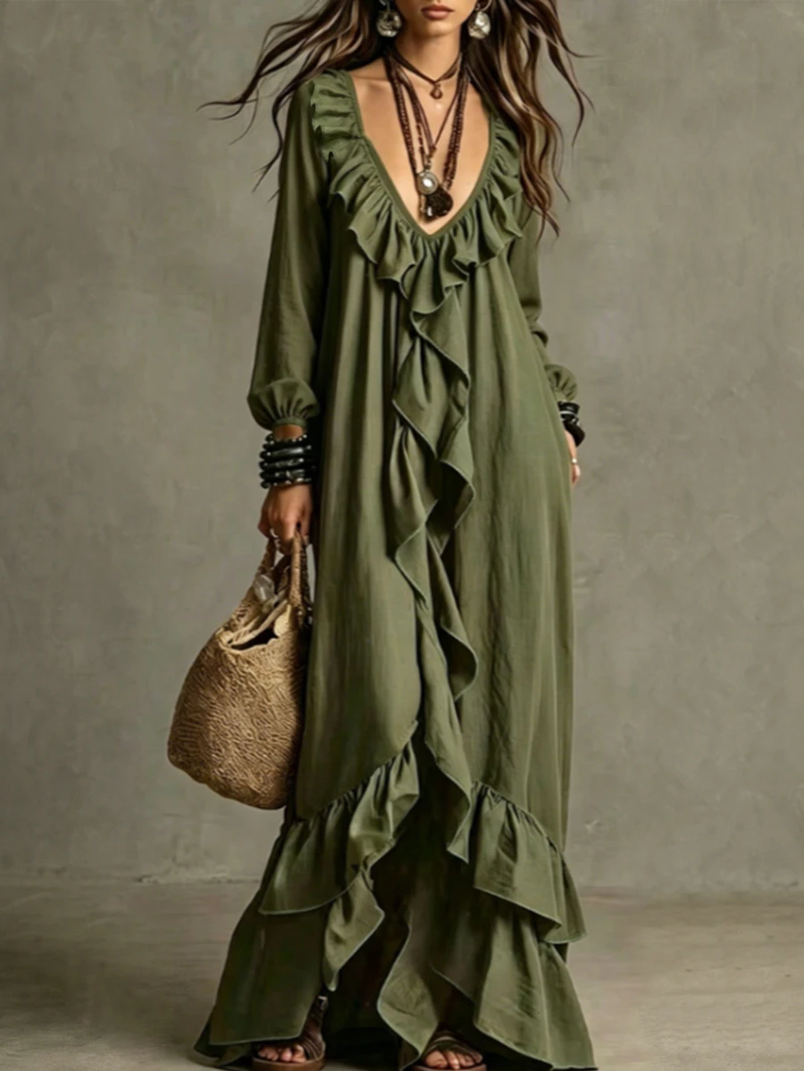 SHEIN Women's Loose Fit Long Dress With Ruffle Front Design Vacation Olive Green Autumn Boho - Green - View 1