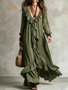 SHEIN Vestido largo holgado para mujer con diseño de volantes delanteros - Verde - Ver 1