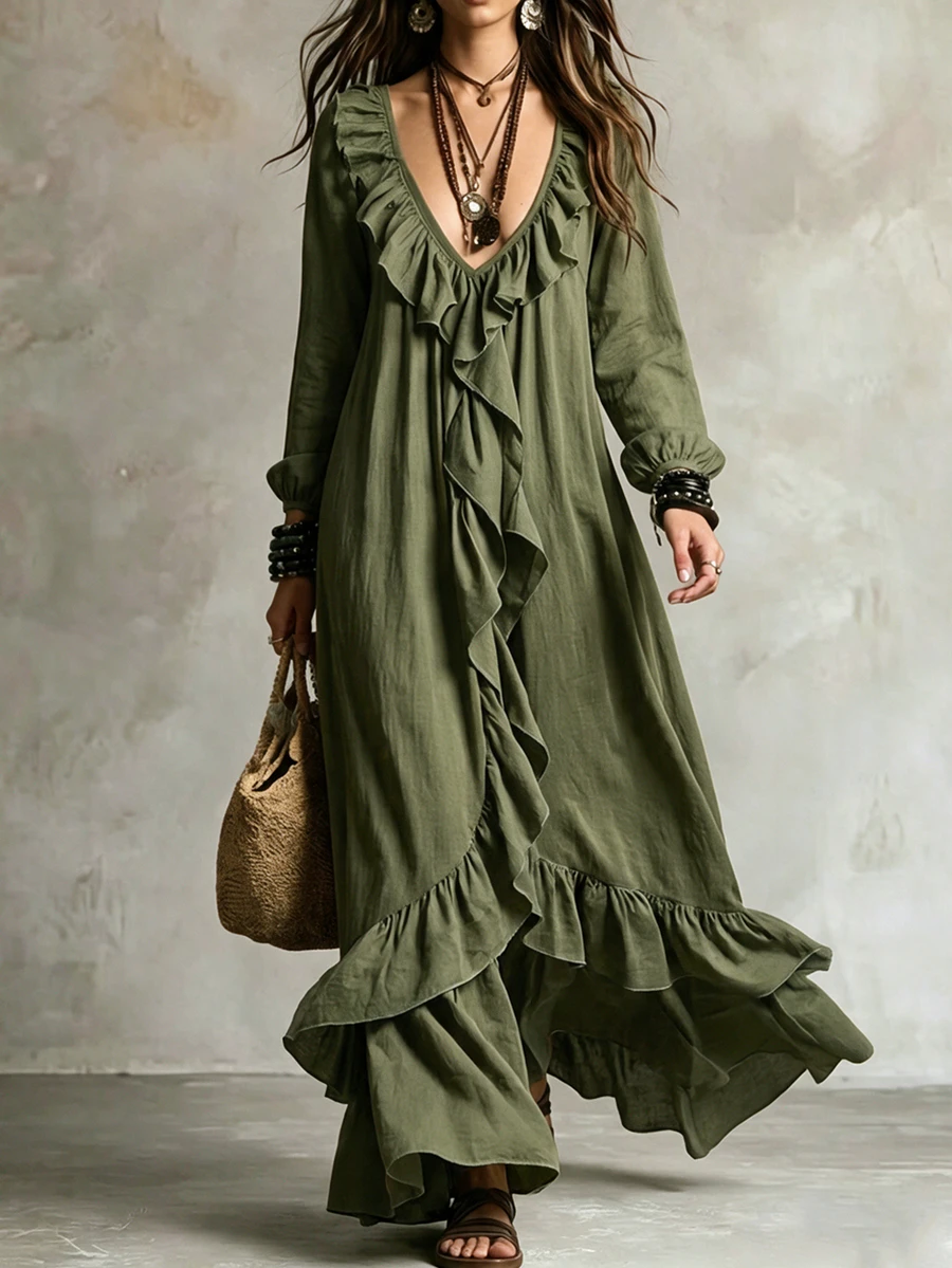 SHEIN Vestido largo holgado para mujer con diseño de volantes delanteros - Verde - Ver 1