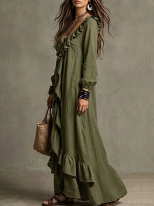 SHEIN Vestido largo holgado para mujer con diseño de volantes delanteros - Verde - Ver 4