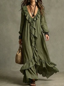 SHEIN Vestido largo holgado para mujer con diseño de volantes delanteros - Verde - Ver 6