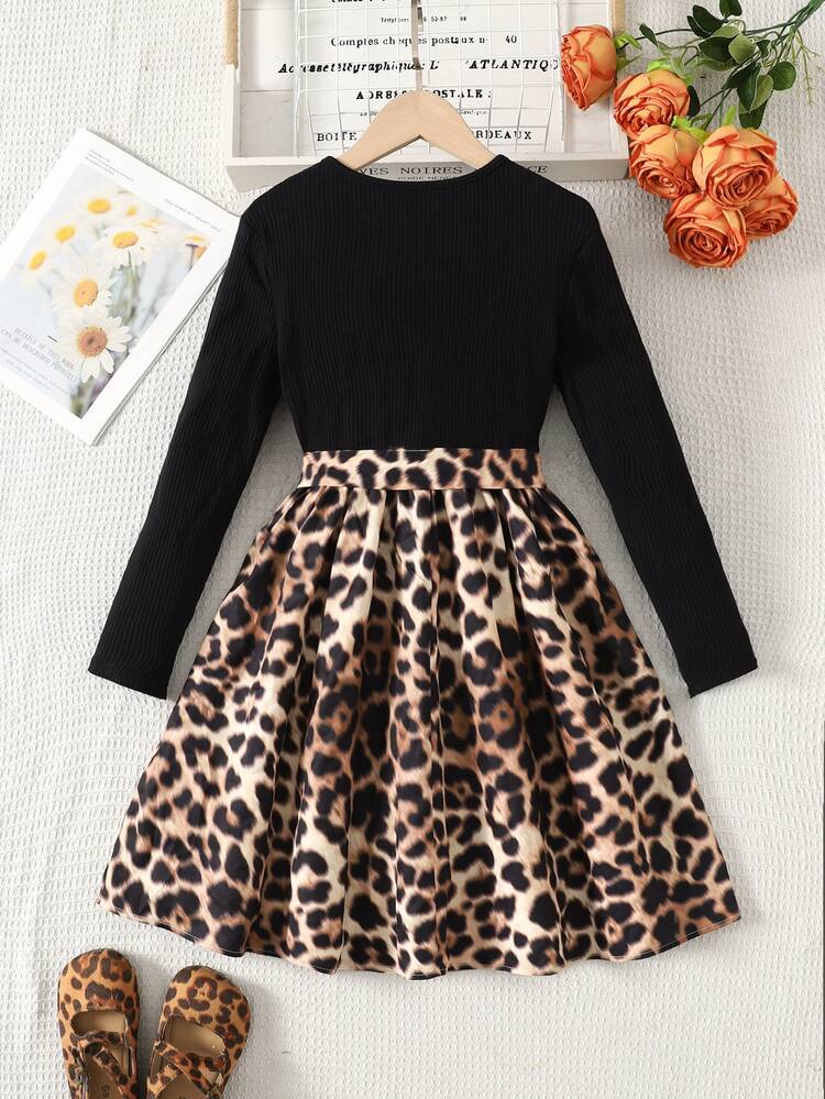 Emery Rose Kids Emery Rose Kids Kids Tween Girl Autumn Clothing Outing Vacation Casual Simple Comfortable Round Neck Solid Color Patchwork Leopard Print Long Sleeve Dress Back To School Festival Outfits Halloween Winter Autumn - Black - View 2