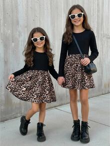 Emery Rose Kids Emery Rose Kids 兒童青少年女孩秋冬休閒簡約舒適圓領純色拼接豹紋長袖洋裝，適合外出度假、返校季、節慶穿搭、萬聖節、冬季秋季 - 黑色 - 查看 7