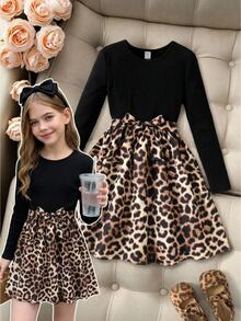 Emery Rose Kids Emery Rose Kids 兒童青少年女孩秋冬休閒簡約舒適圓領純色拼接豹紋長袖洋裝，適合外出度假、返校季、節慶穿搭、萬聖節、冬季秋季 - 黑色 - 查看 5