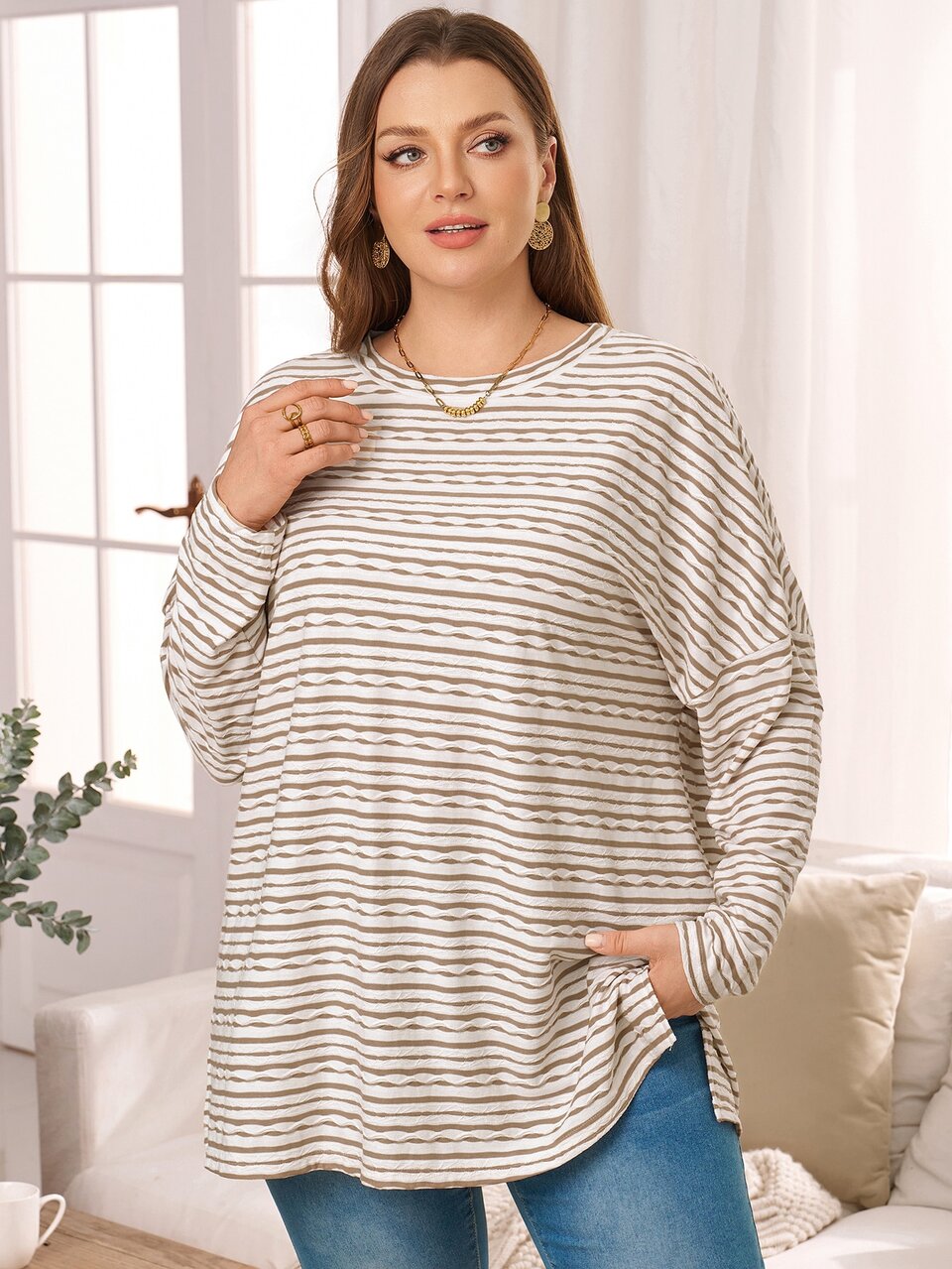 Plus Striped Print Drop Shoulder Split Hem Blouse  Fall Clothes For Women  Winter Clothes For Women Comfortable Striped Pullover For Home
