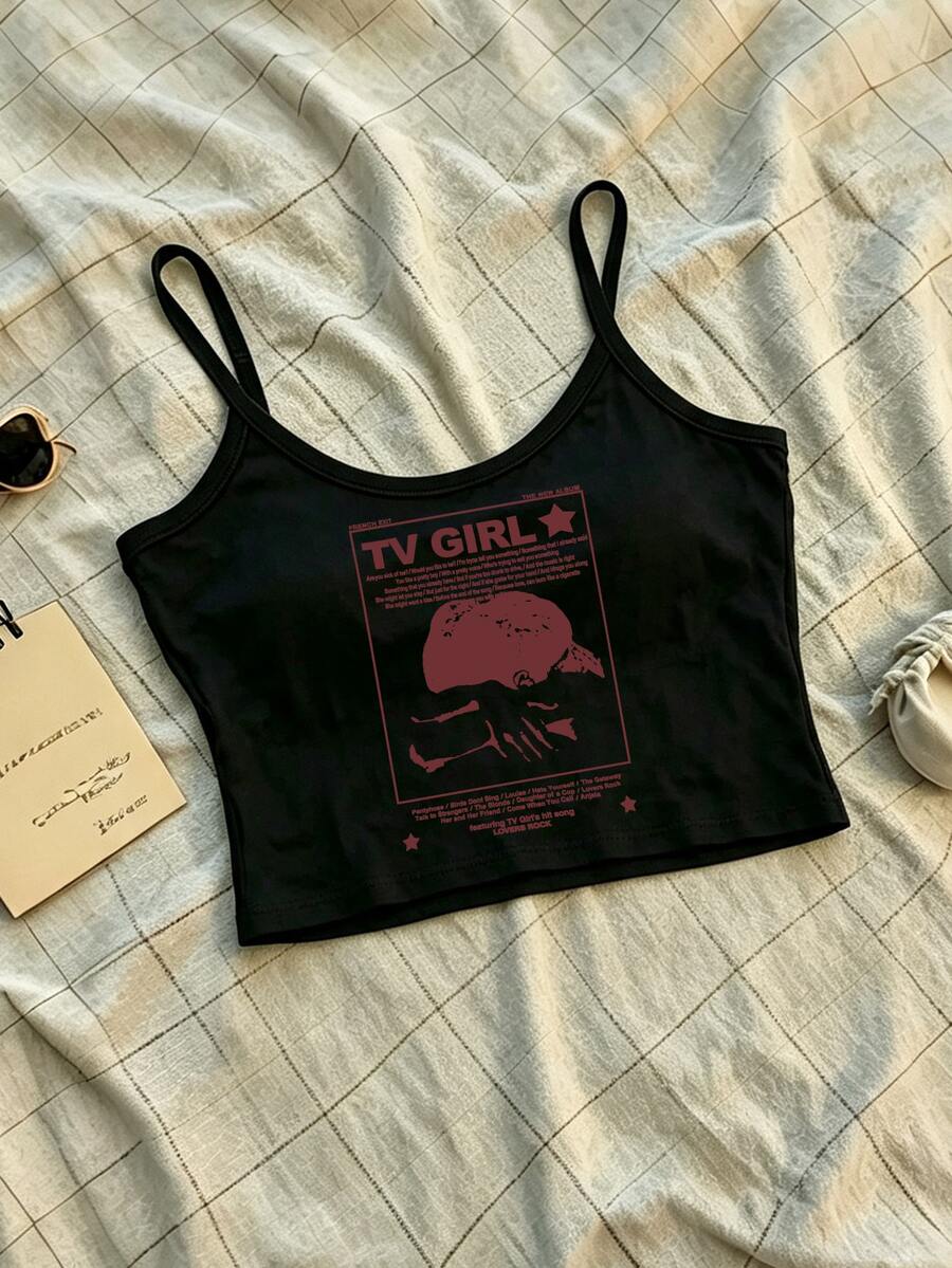 复古女式剪影标语短款吊带背心,适合日常休闲穿着,四季皆宜 - 黑色 - 查看 1