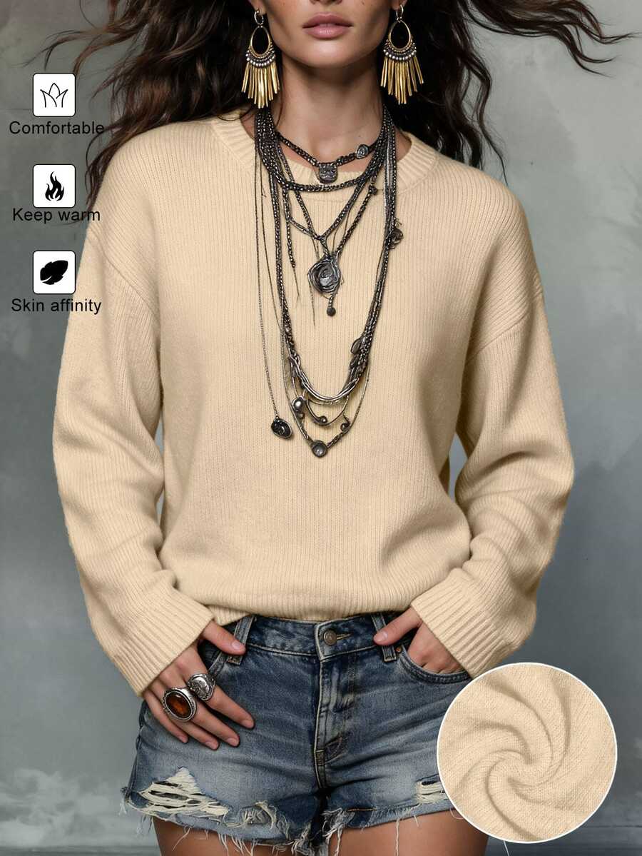 SHEIN PariChic New Upgraded Premium Thickened Women's Grey Crew Neck Sweater - Apricot - View 1