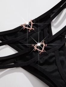 Snug Zone 5pcs Set Soft Solid Color Heart Decor Romantic G-String Panties, Casual Underwear For Women - Black - View 7