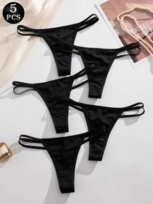 Snug Zone 5pcs Set Soft Solid Color Heart Decor Romantic G-String Panties, Casual Underwear For Women - Black - View 3