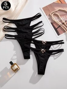Snug Zone 5pcs Set Soft Solid Color Heart Decor Romantic G-String Panties, Casual Underwear For Women - Black - View 5