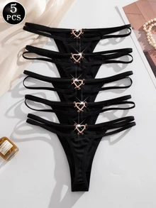 Snug Zone 5pcs Set Soft Solid Color Heart Decor Romantic G-String Panties, Casual Underwear For Women - Black - View 1