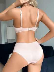 FairyFlirt 2pcs Lace Patchwork Women Bra Set With Underwire - Dusty Pink - View 2