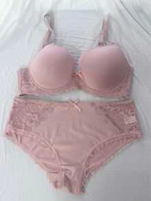 FairyFlirt 2pcs Lace Patchwork Women Bra Set With Underwire - Dusty Pink - View 4