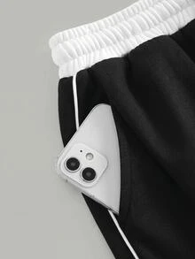 SHEIN Tween Girls Sweatpants, Spring Summer Autumn Winter, All Season, New Knit Casual Colorblock White Drawstring Light Color Print Loose Sweatpants, Back-To-School Outfit, All-Match, Daily Versatile - Black and White - View 3