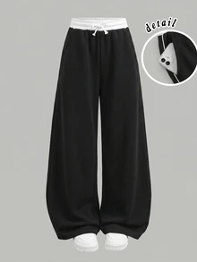 SHEIN Tween Girls Sweatpants, Spring Summer Autumn Winter, All Season, New Knit Casual Colorblock White Drawstring Light Color Print Loose Sweatpants, Back-To-School Outfit, All-Match, Daily Versatile - Black and White - View 2