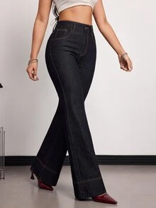 SHEIN EZwear 大码休闲百搭阔腿牛仔裤，夏季嘉年华服装通勤度假毕业时尚Y2K可爱街头风性感派对婚礼优雅商务休闲女士商务海滩毕业典礼女式高腰深色水洗牛仔裤直筒休闲裤女士宽松牛仔裤百搭直筒深蓝色牛仔裤 - 藍色 - 查看 4