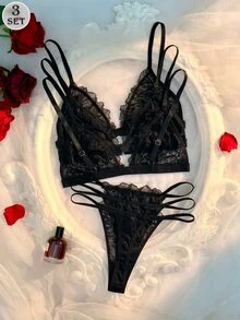 Crystal Vow 6pcs/Set Sexy Lace Patchwork Front Closure Women's Lingerie Set 3 Sets - Black - View 2